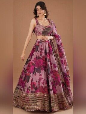 Pink Floral Organza Lehenga Choli Set Embroidered - Size 6